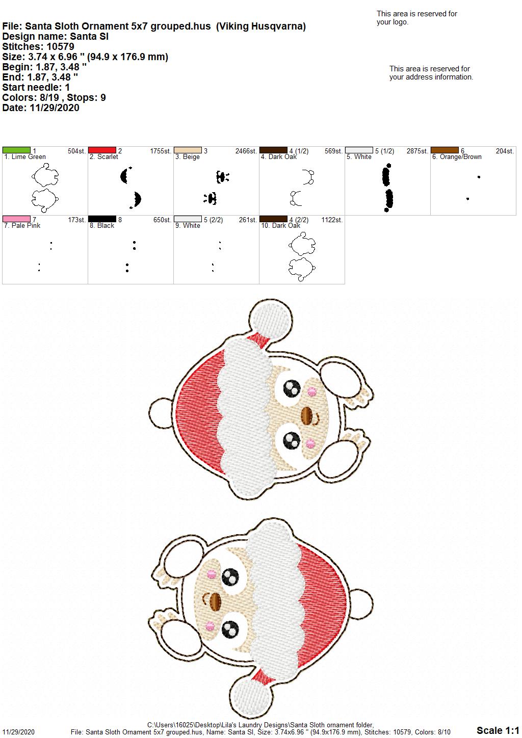 Santa Sloth Ornament - Digital Embroidery Design