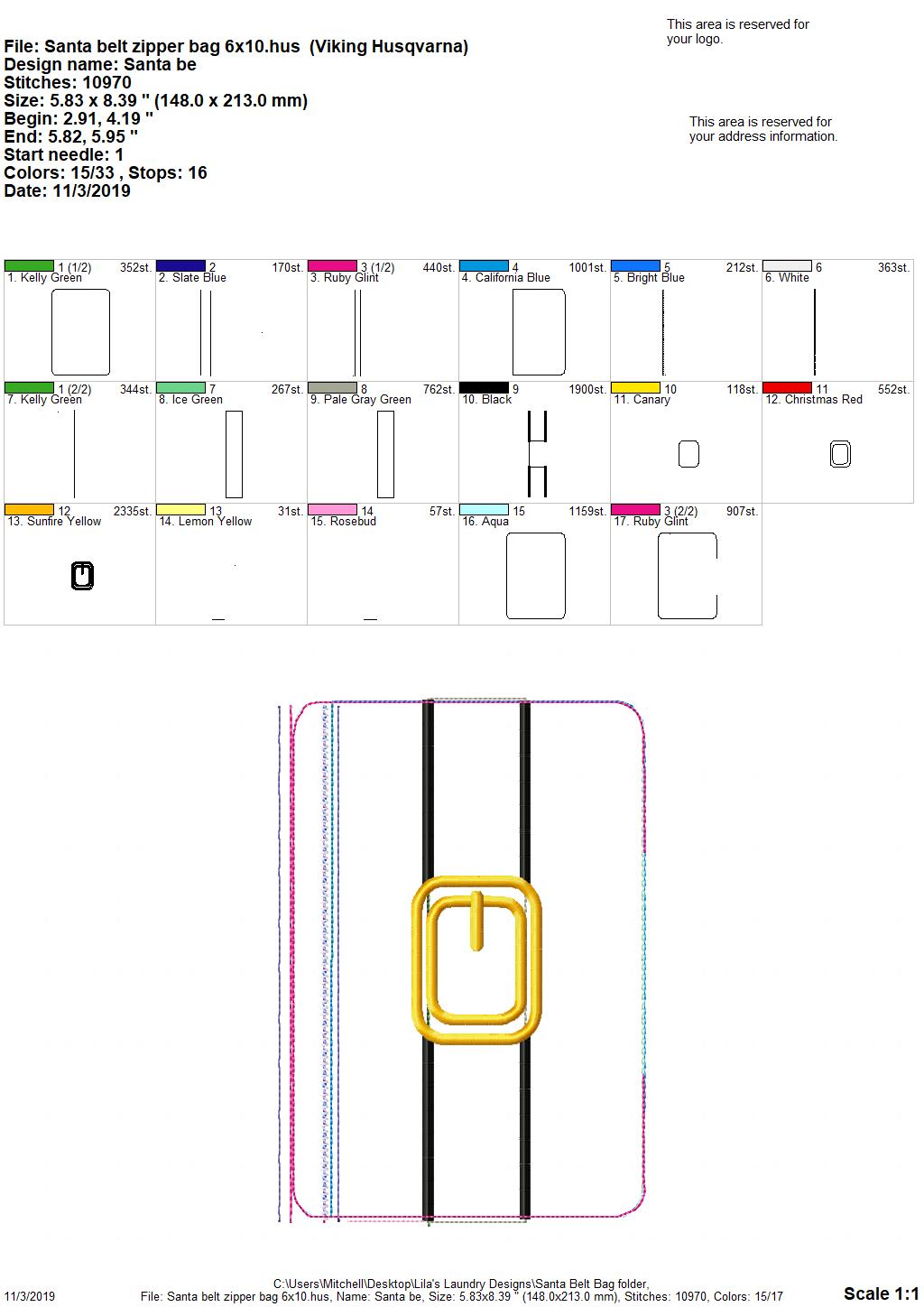 Santa Belt Zipper Bag - 3 Sizes - Digital Embroidery Design