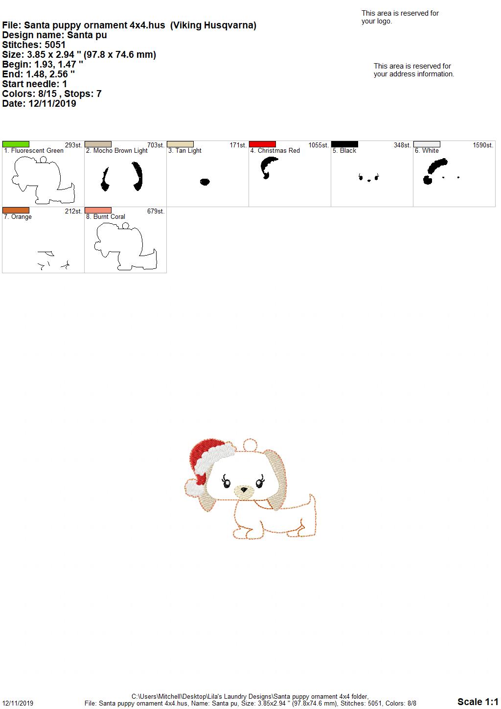 Santa Puppy Ornament - Digital Embroidery Design