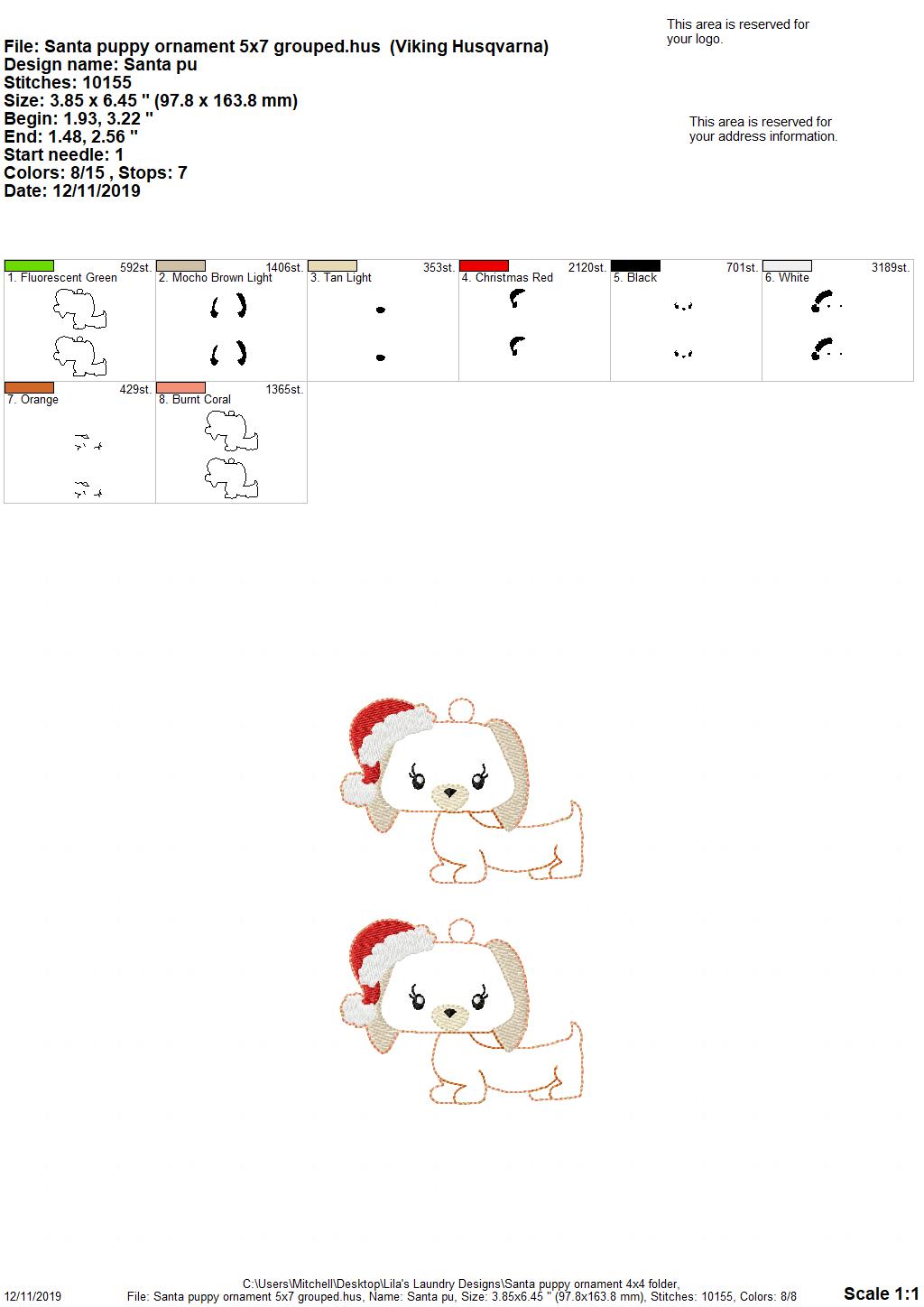 Santa Puppy Ornament - Digital Embroidery Design
