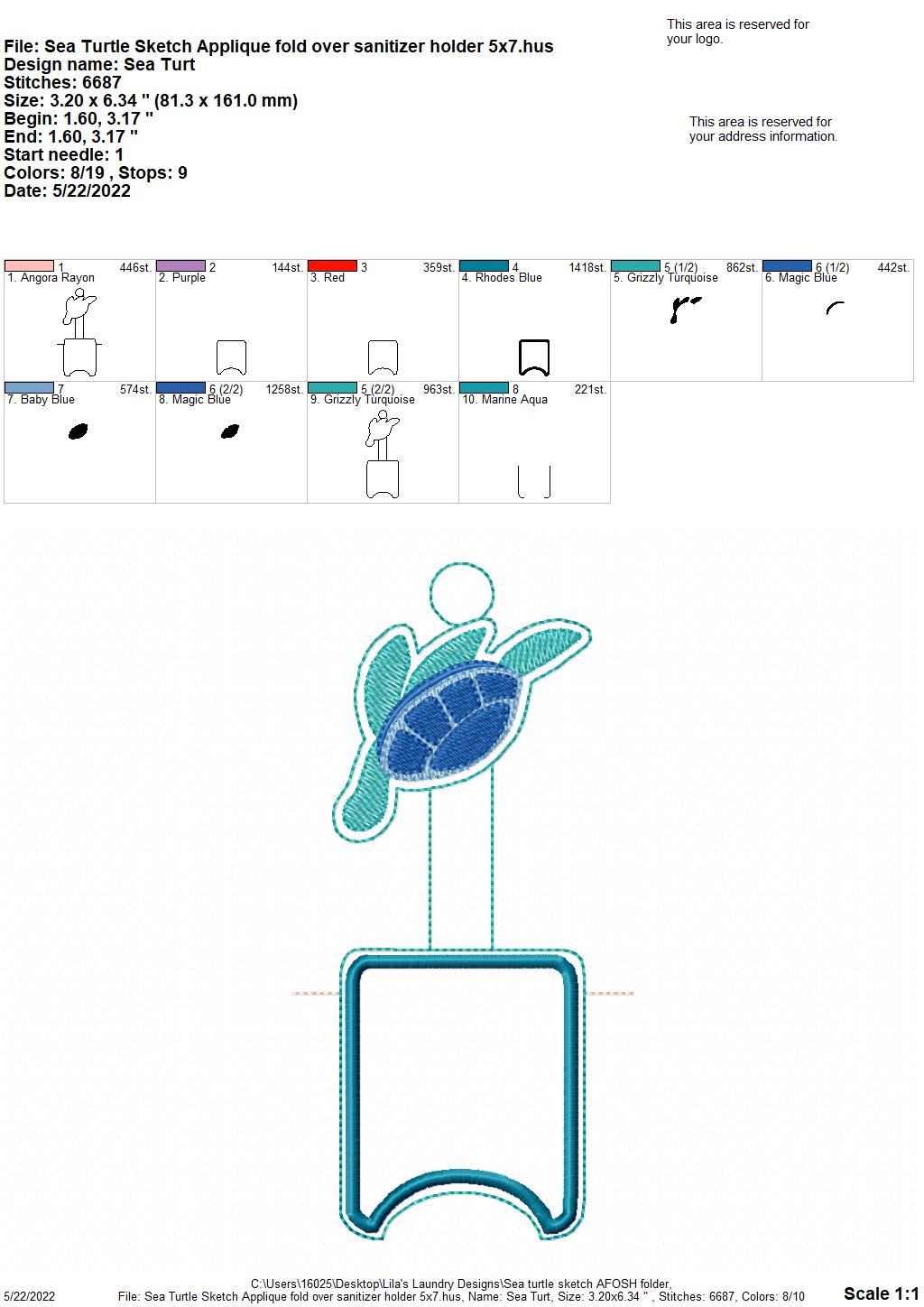 Sea Turtle Sketch Applique Fold Over Sanitizer Holder 5x7- DIGITAL Embroidery DESIGN