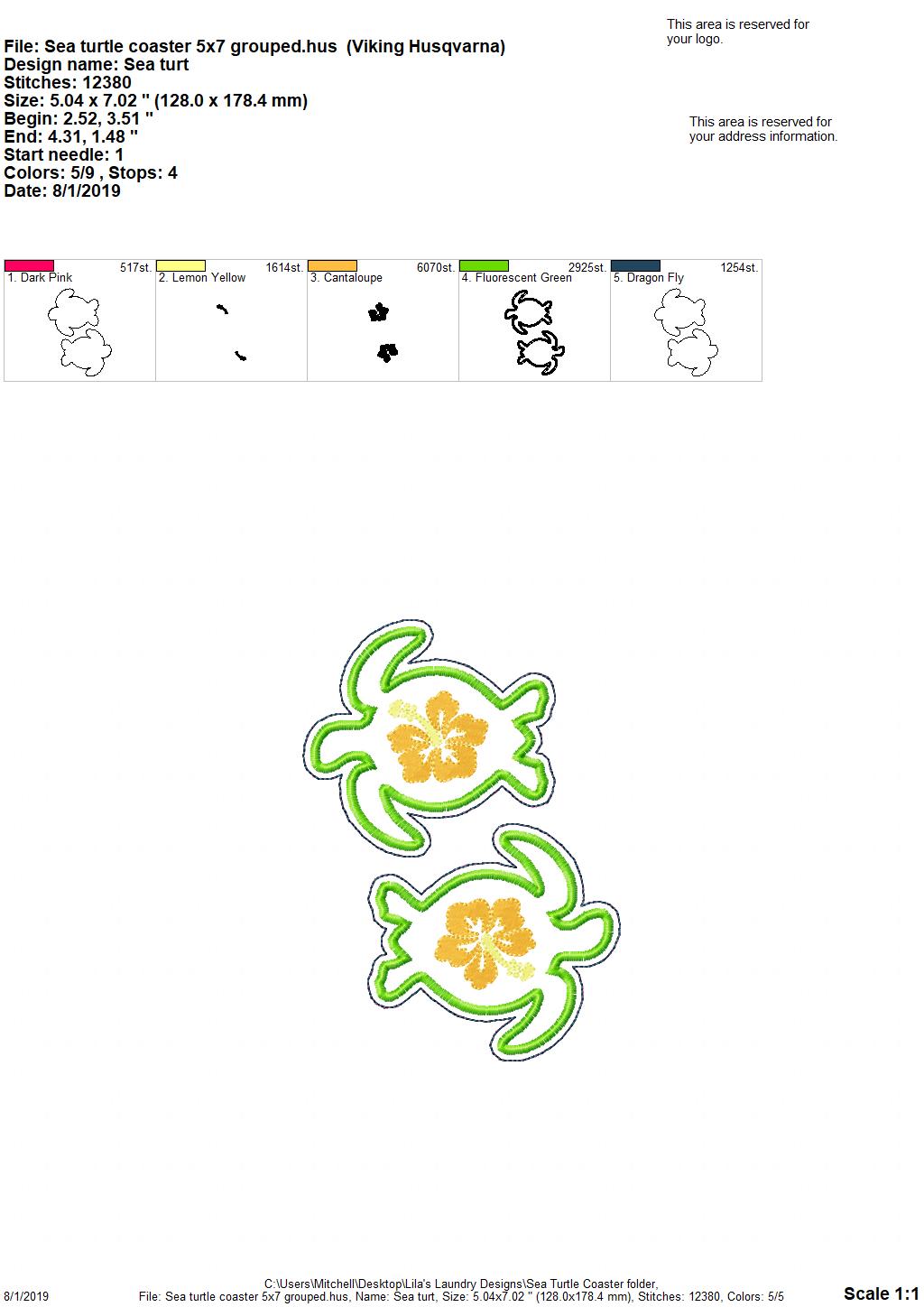 Sea Turtle Coaster 4x4 - DIGITAL Embroidery DESIGN