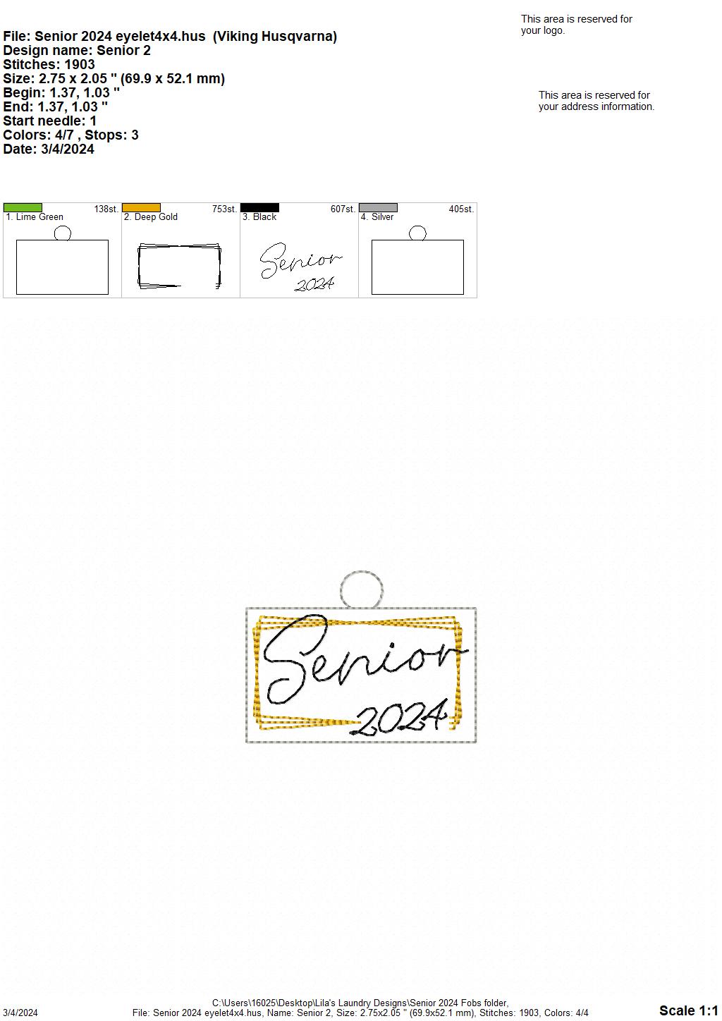 Senior 2024 Fobs - Digital Embroidery Design