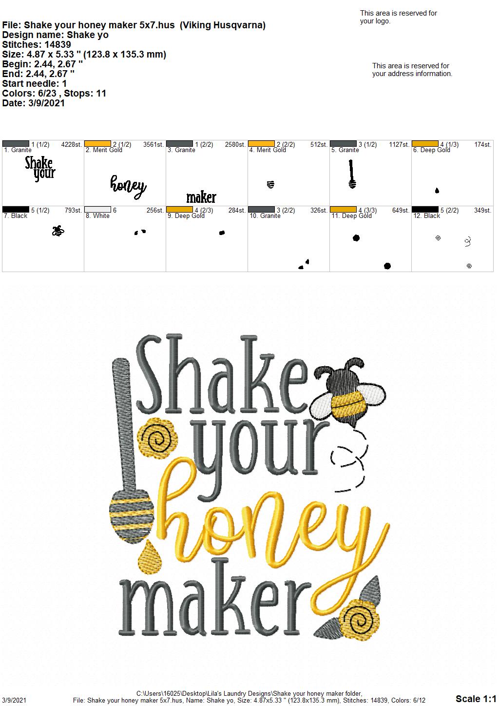Shake your Honey Maker - 2 sizes- Digital Embroidery Design
