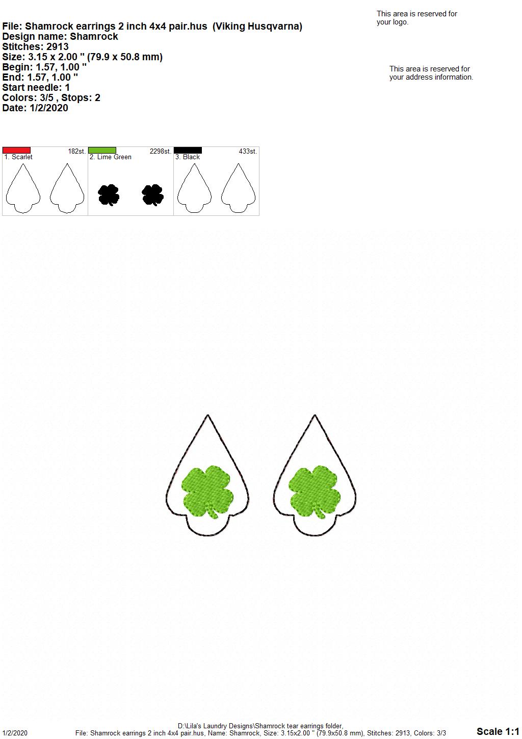 Shamrock Tear Drop Earrings - 3 sizes - Digital Embroidery Design