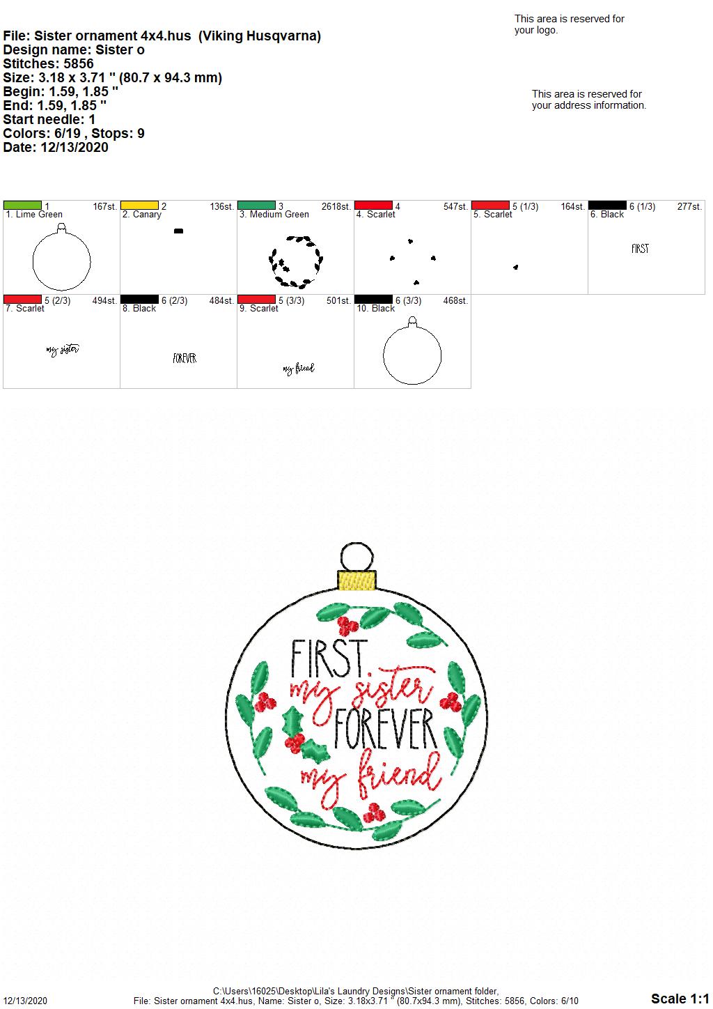 Sister Ornament - Digital Embroidery Design