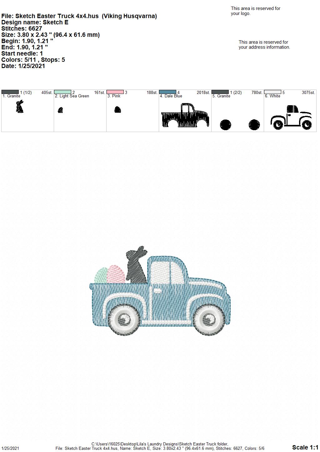 Sketch Easter Truck - 2 sizes- Digital Embroidery Design
