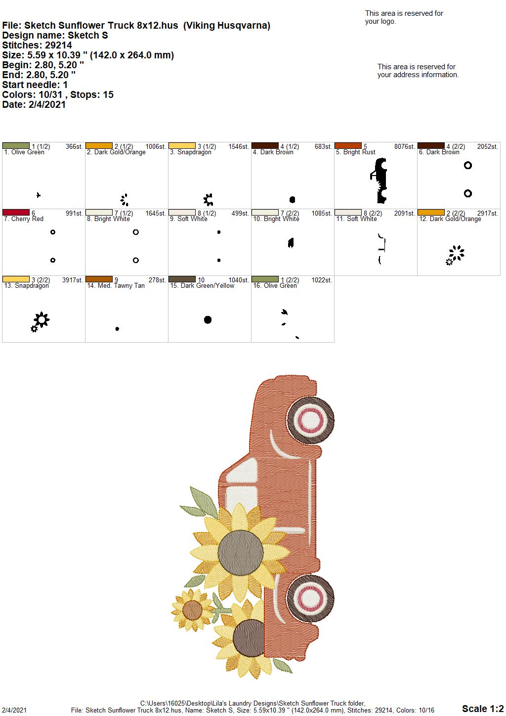 Sketch Sunflower Truck - 3 sizes- Digital Embroidery Design