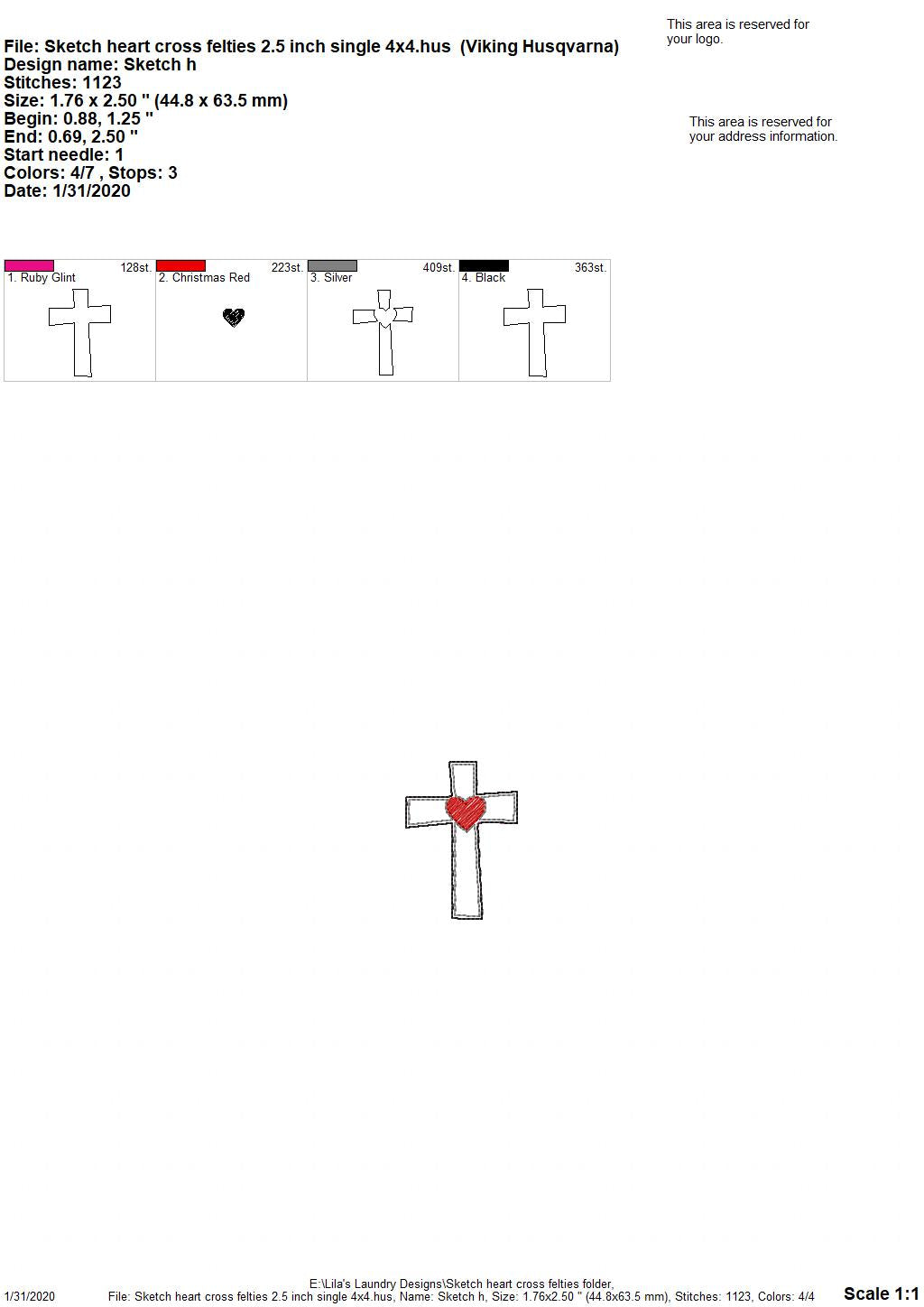 Sketch Cross Heart Felties - 5 sizes - Digital Embroidery Design