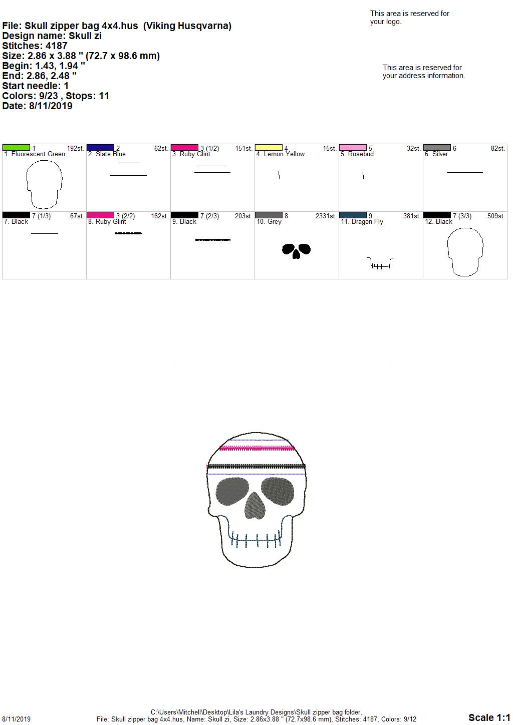 Skull Zipper Bag - 4 sizes - Digital Embroidery Design