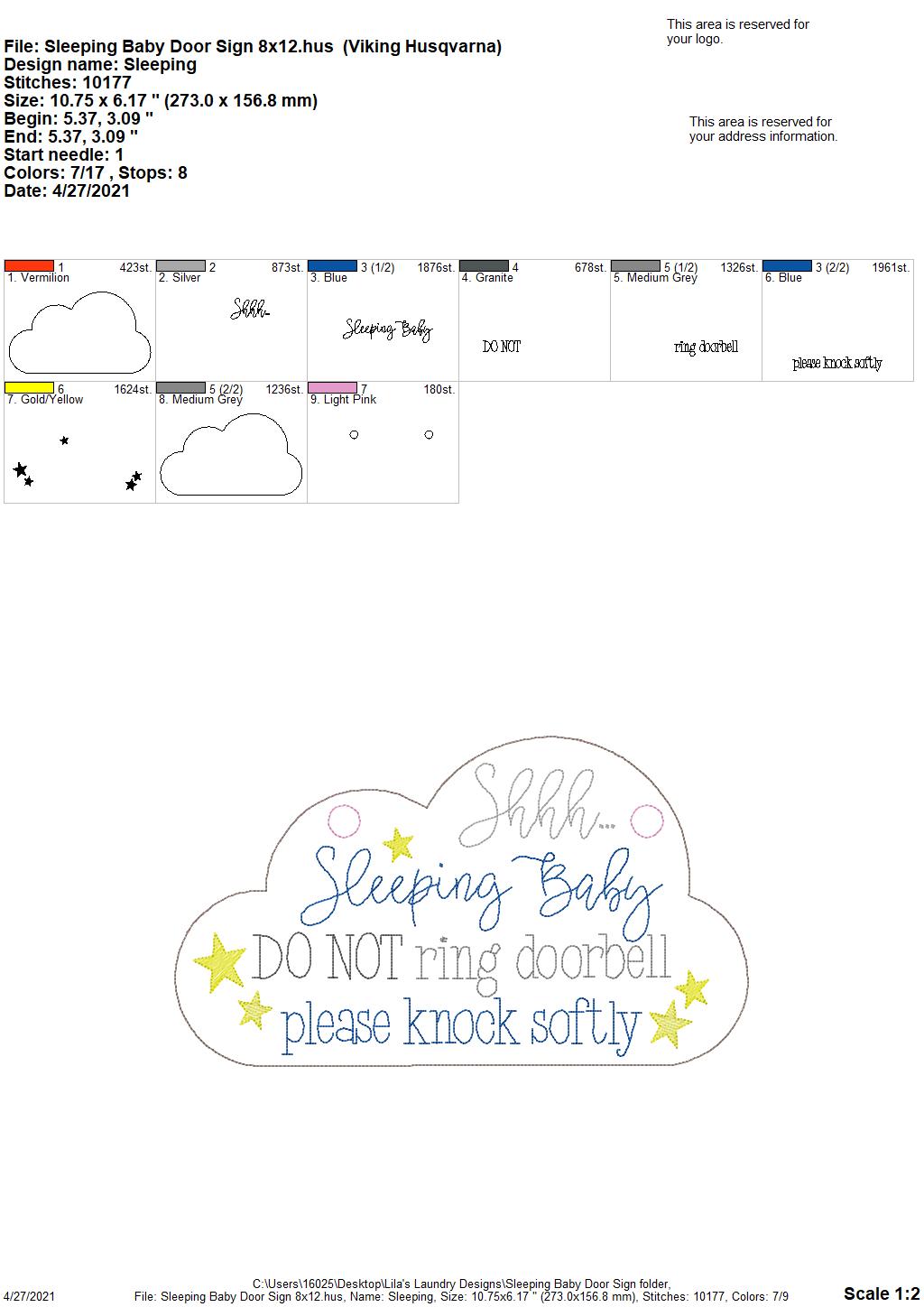 Sleeping Baby Door - 3 sizes - Digital Embroidery Design