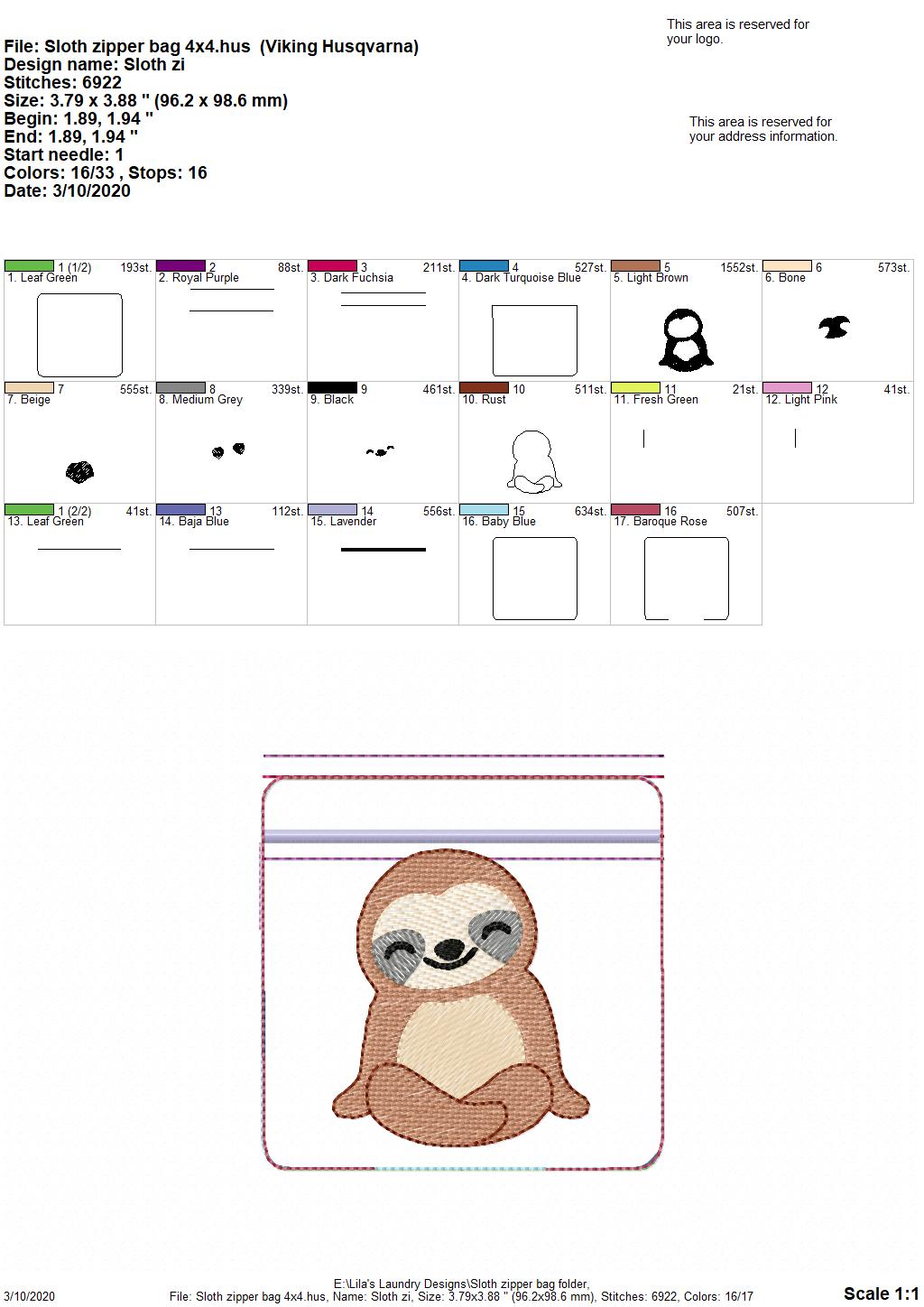 Sloth Zipper Bag - 3 sizes - Digital Embroidery Design