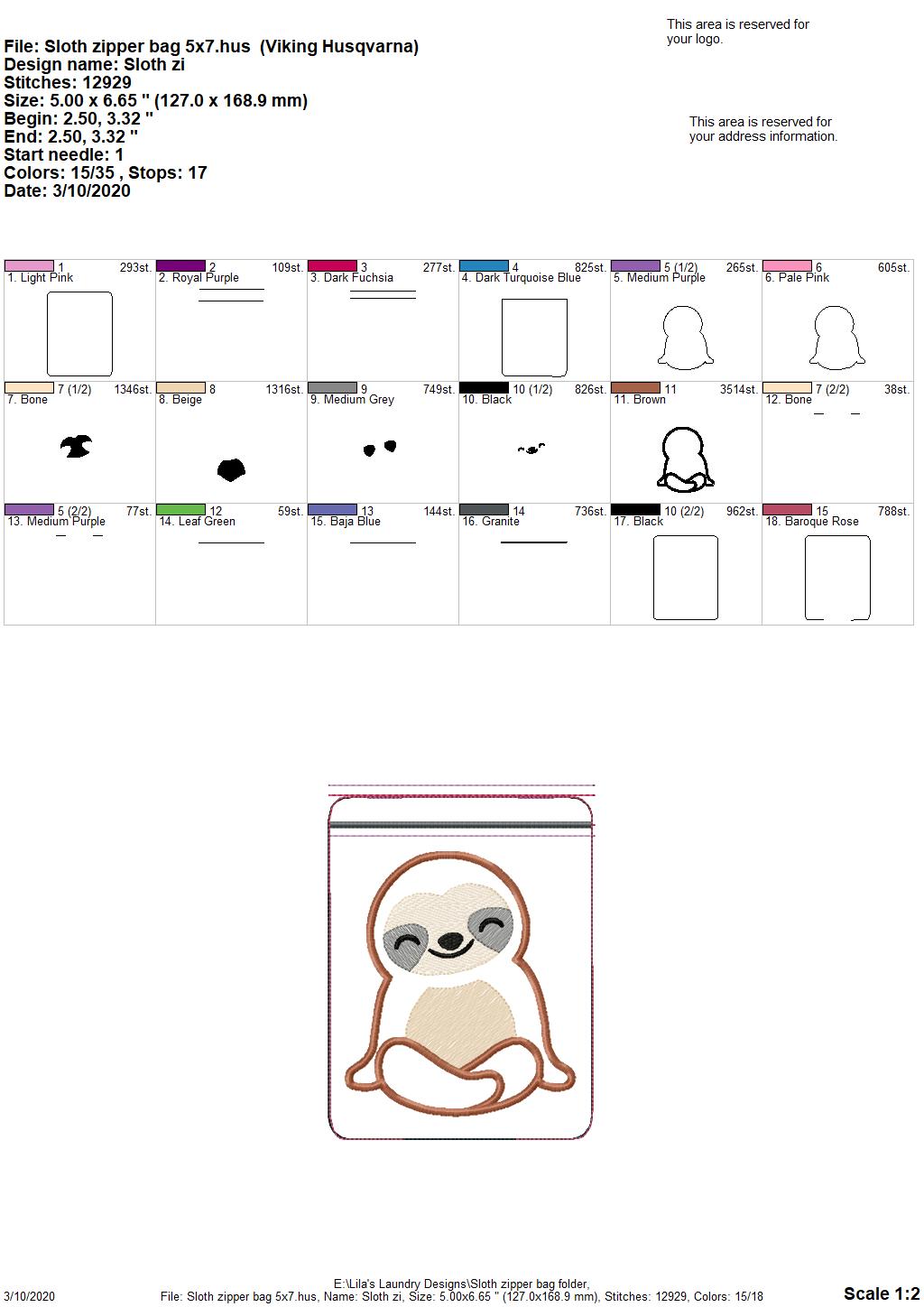 Sloth Zipper Bag - 3 sizes - Digital Embroidery Design