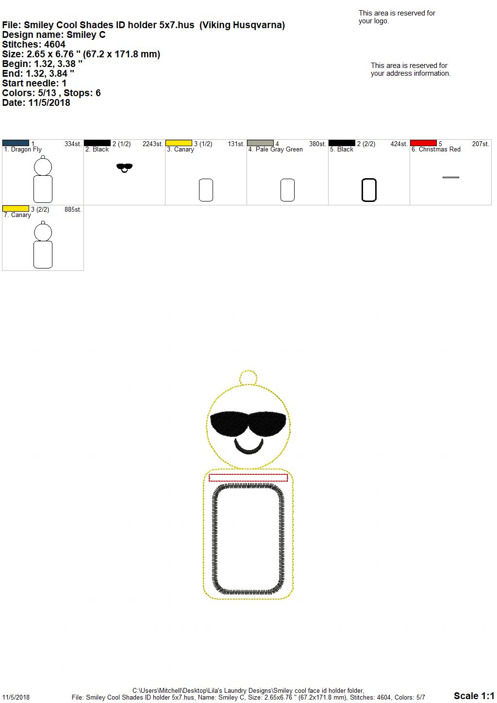Smiley Cool Shades ID holder - Embroidery Design - DIGITAL Embroidery design