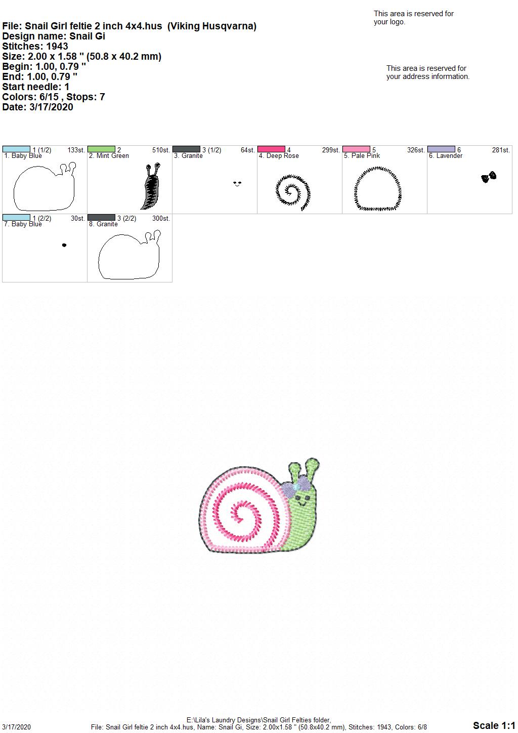 Snail Girl Felties - 3 sizes - Digital Embroidery Design