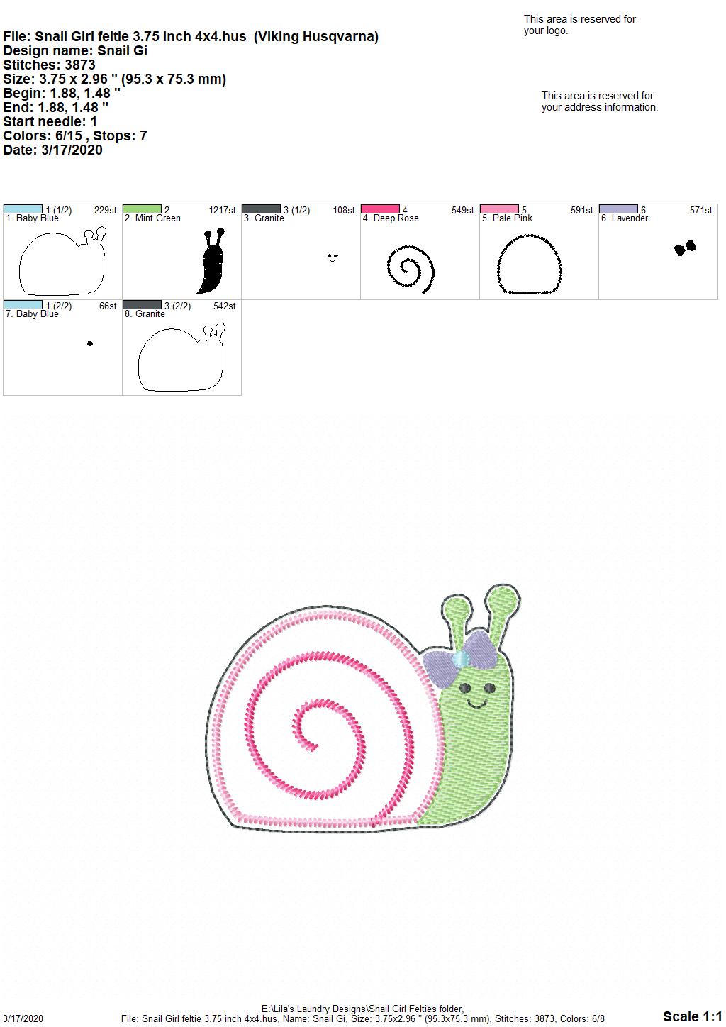 Snail Girl Felties - 3 sizes - Digital Embroidery Design