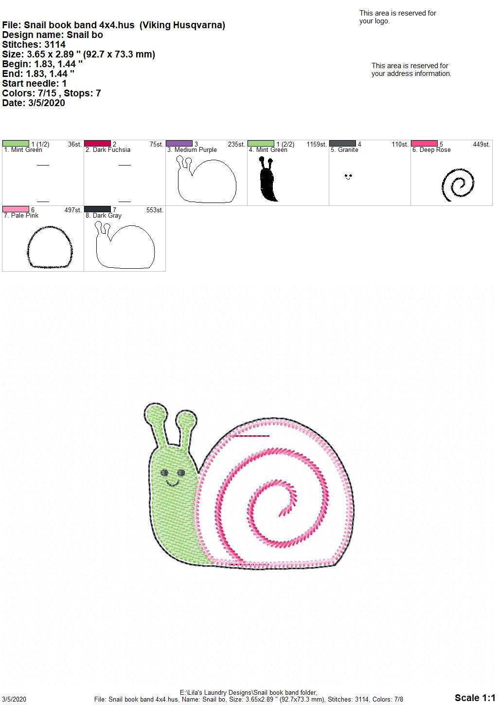 Snail Book Band - Digital Embroidery Design