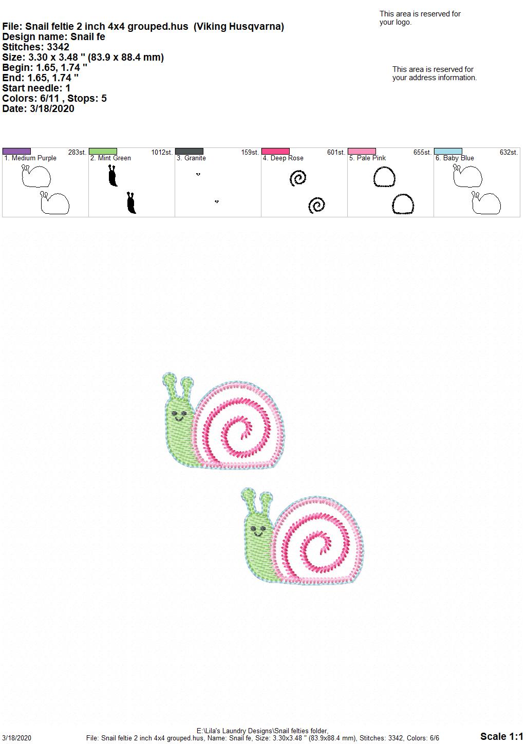 Snail Felties - 3 sizes - Digital Embroidery Design