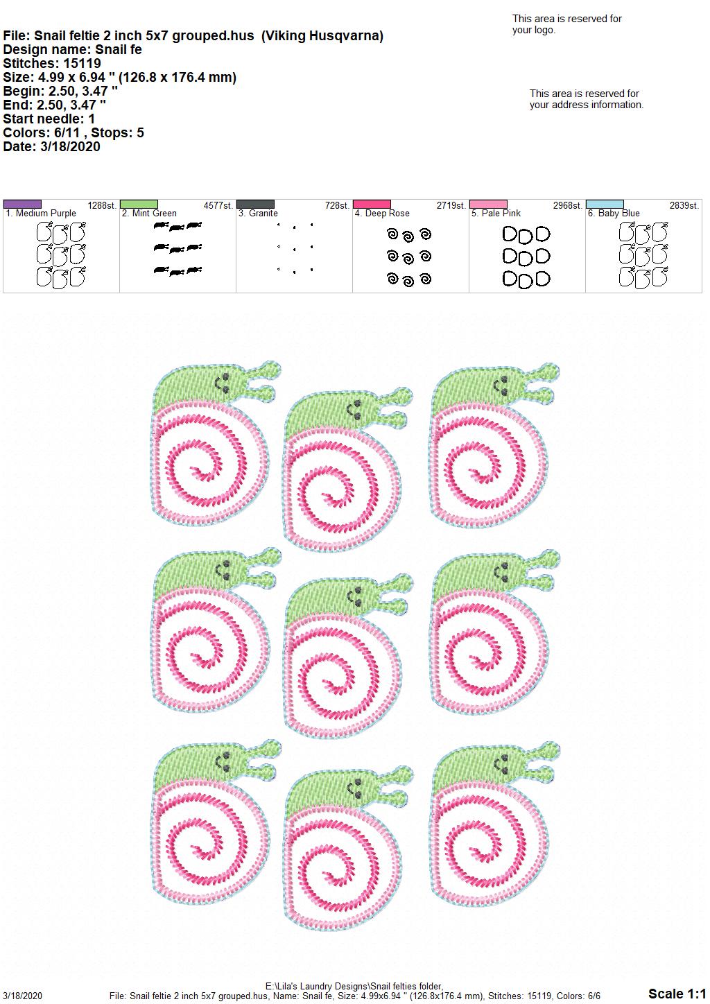Snail Felties - 3 sizes - Digital Embroidery Design