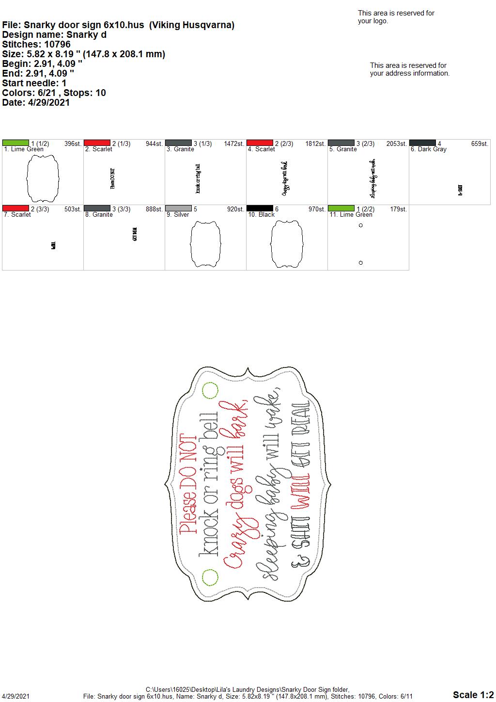 Snarky Door Hanger - 3 sizes - Digital Embroidery Design