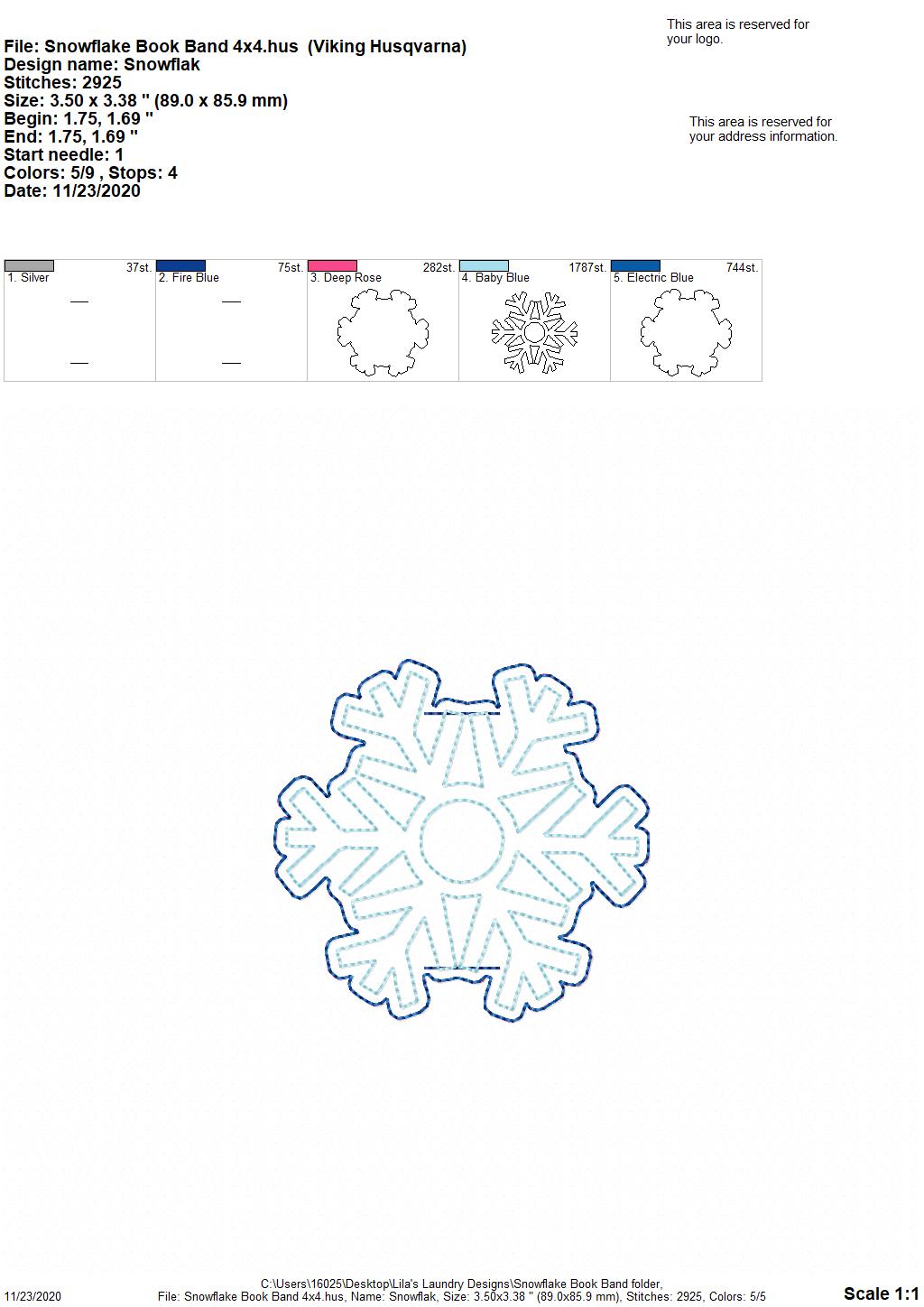 Snowflake - Book Band - Embroidery Design, Digital File