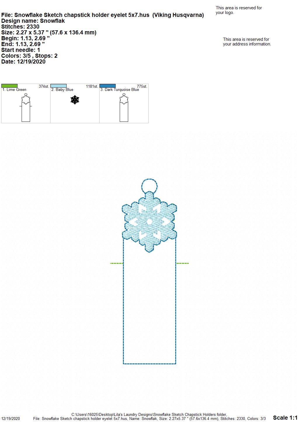Snowflake Sketch Lip Balm Holders 5x7 - DIGITAL Embroidery DESIGN