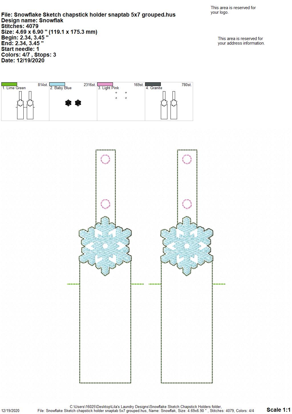 Snowflake Sketch Lip Balm Holders 5x7 - DIGITAL Embroidery DESIGN