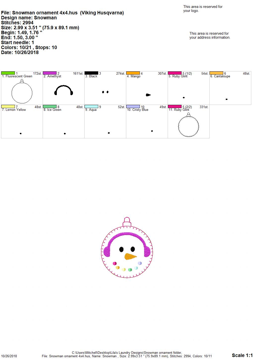 Snowman Ornament - Embroidery Design - DIGITAL Embroidery DESIGN