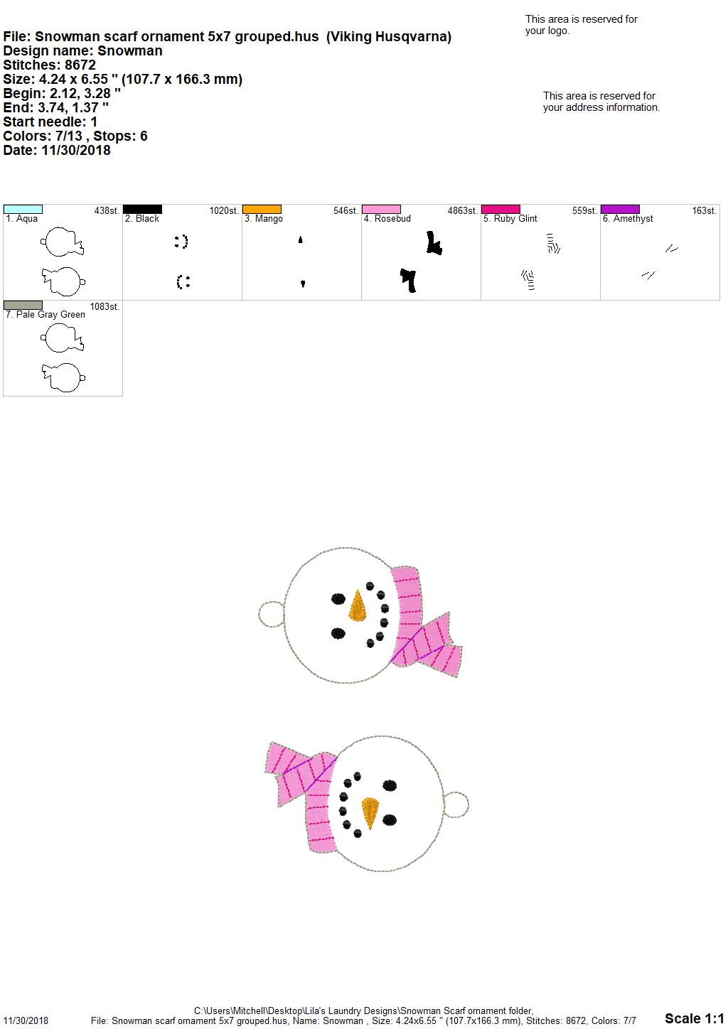 Snowman Scarf Ornament -Digital Embroidery Design