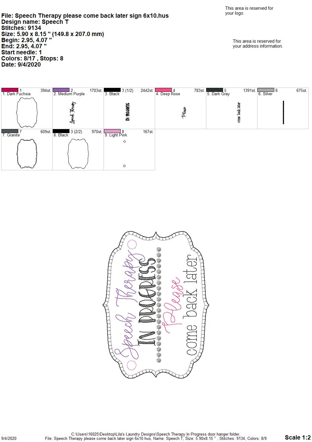 Speech Therapy Door Hanger - 3 sizes - Digital Embroidery Design