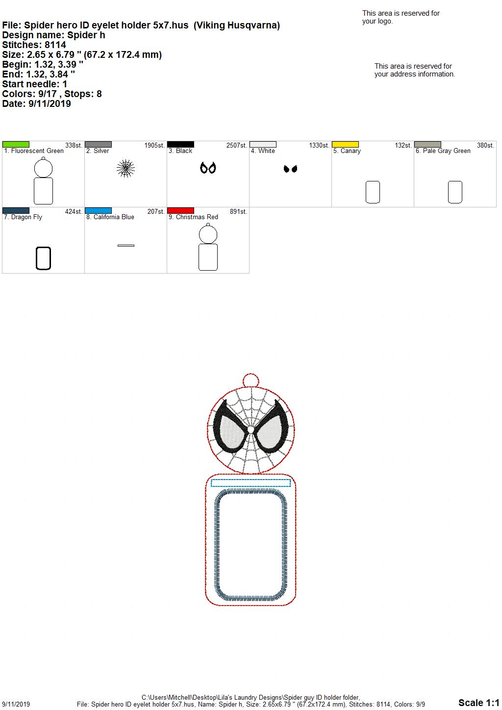 Spider Hero ID Holder 5x7 only - Digital Embroidery Design