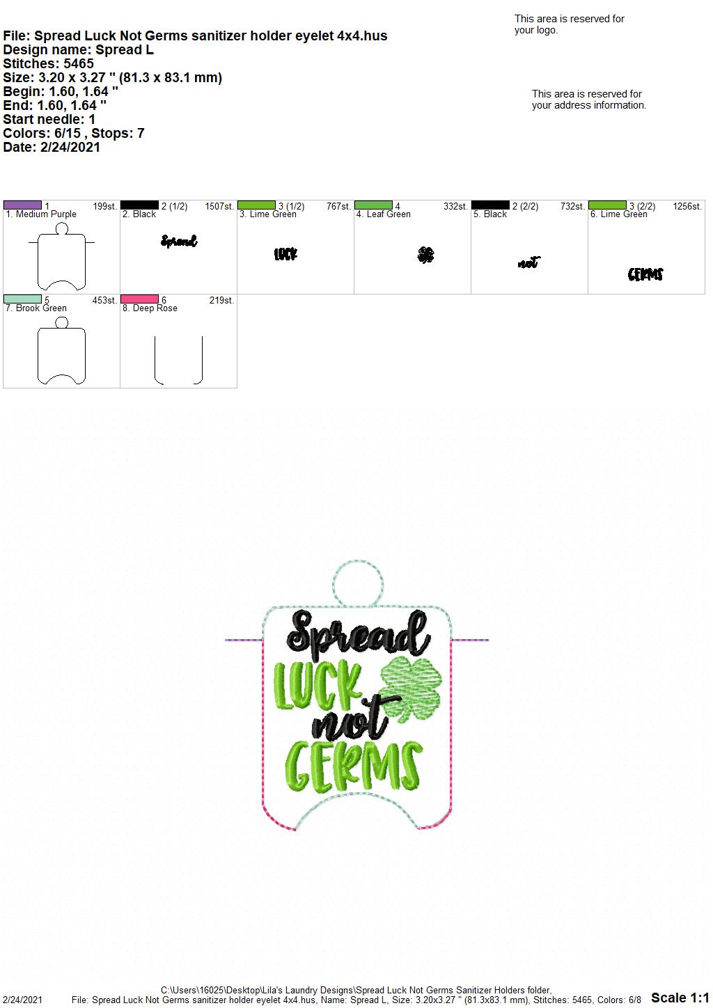 Spread Luck Not Germs Sanitizer Holders - DIGITAL Embroidery DESIGN