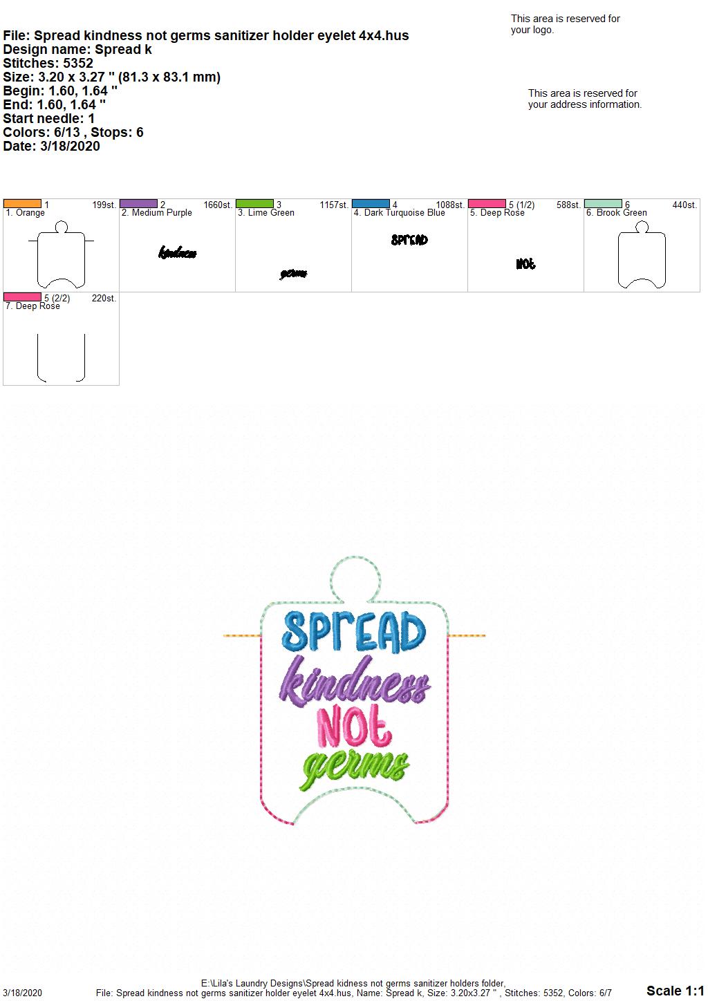 Spread Kindness Not Germs Sanitizer Holders - DIGITAL Embroidery DESIGN
