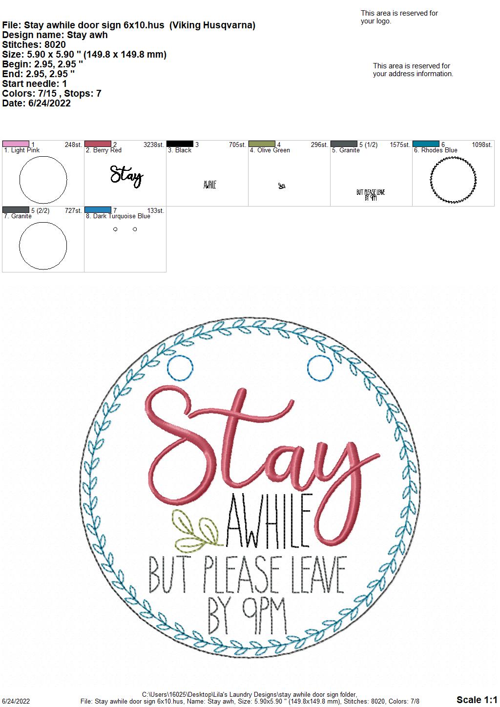 Stay Awhile Door Sign - 3 sizes - Digital Embroidery Design