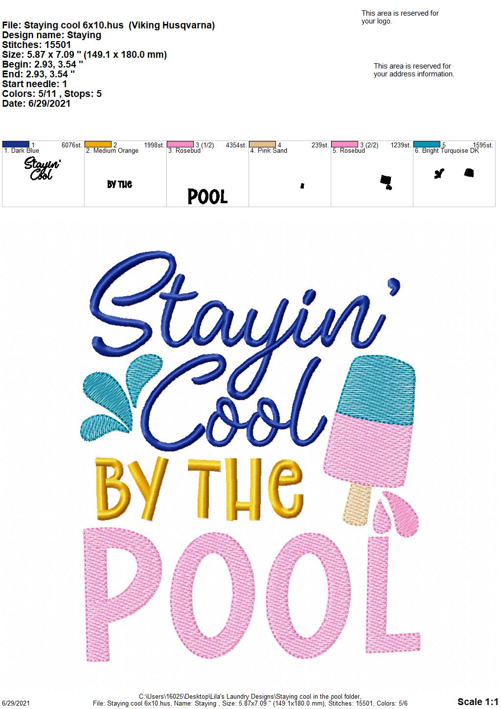 Stayin' Cool by the Pool - 3 sizes- Digital Embroidery Design