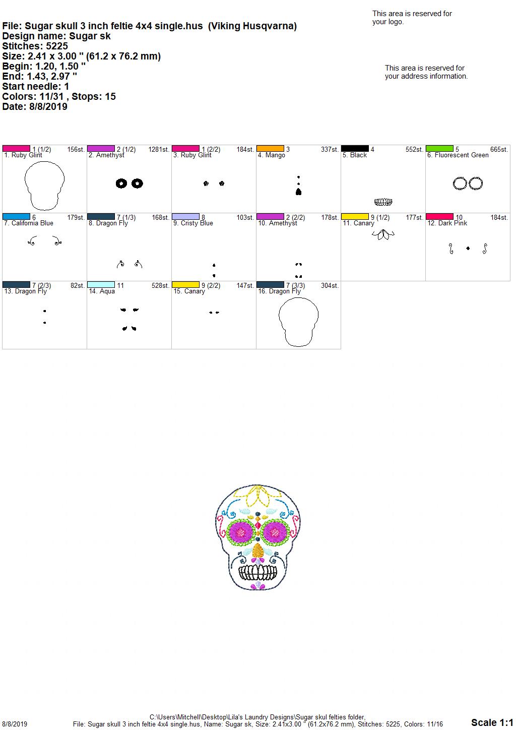 Sugar Skull Felties - 3 sizes- Digital Embroidery Design