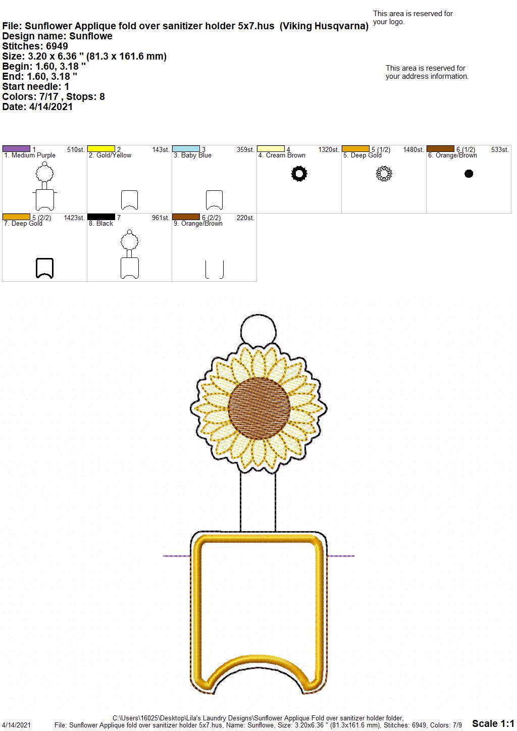 Sunflower Applique Fold Over Sanitizer Holder 5x7- DIGITAL Embroidery DESIGN