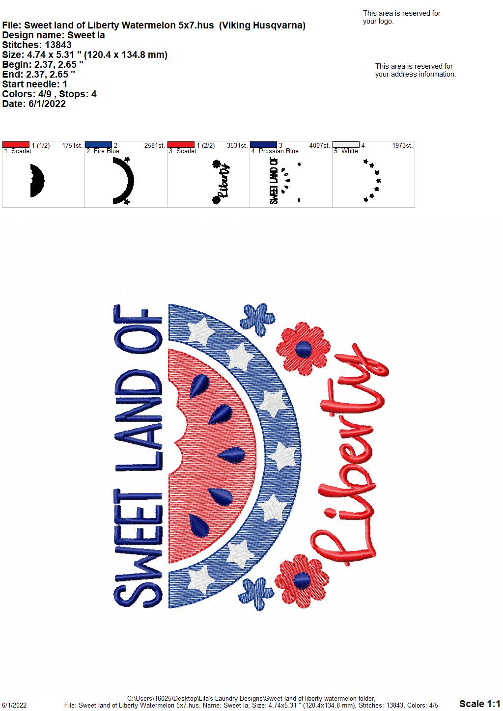 Sweet Land of Liberty Watermelon - 4 sizes- Digital Embroidery Design
