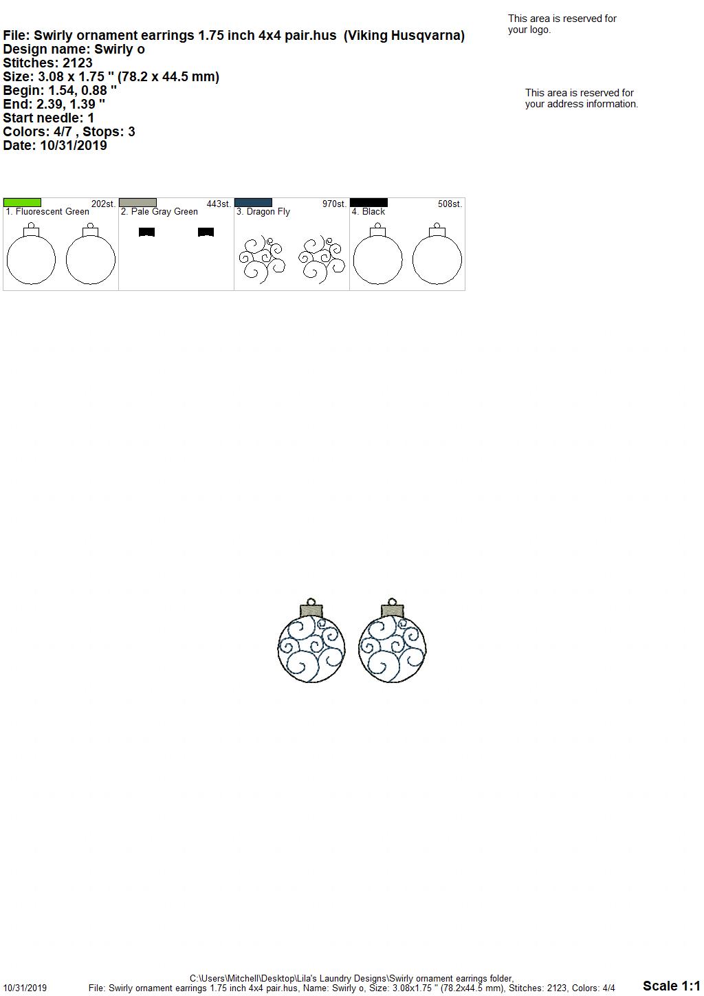 Swirly Ornament Earrings - 3 sizes - Digital Embroidery Design