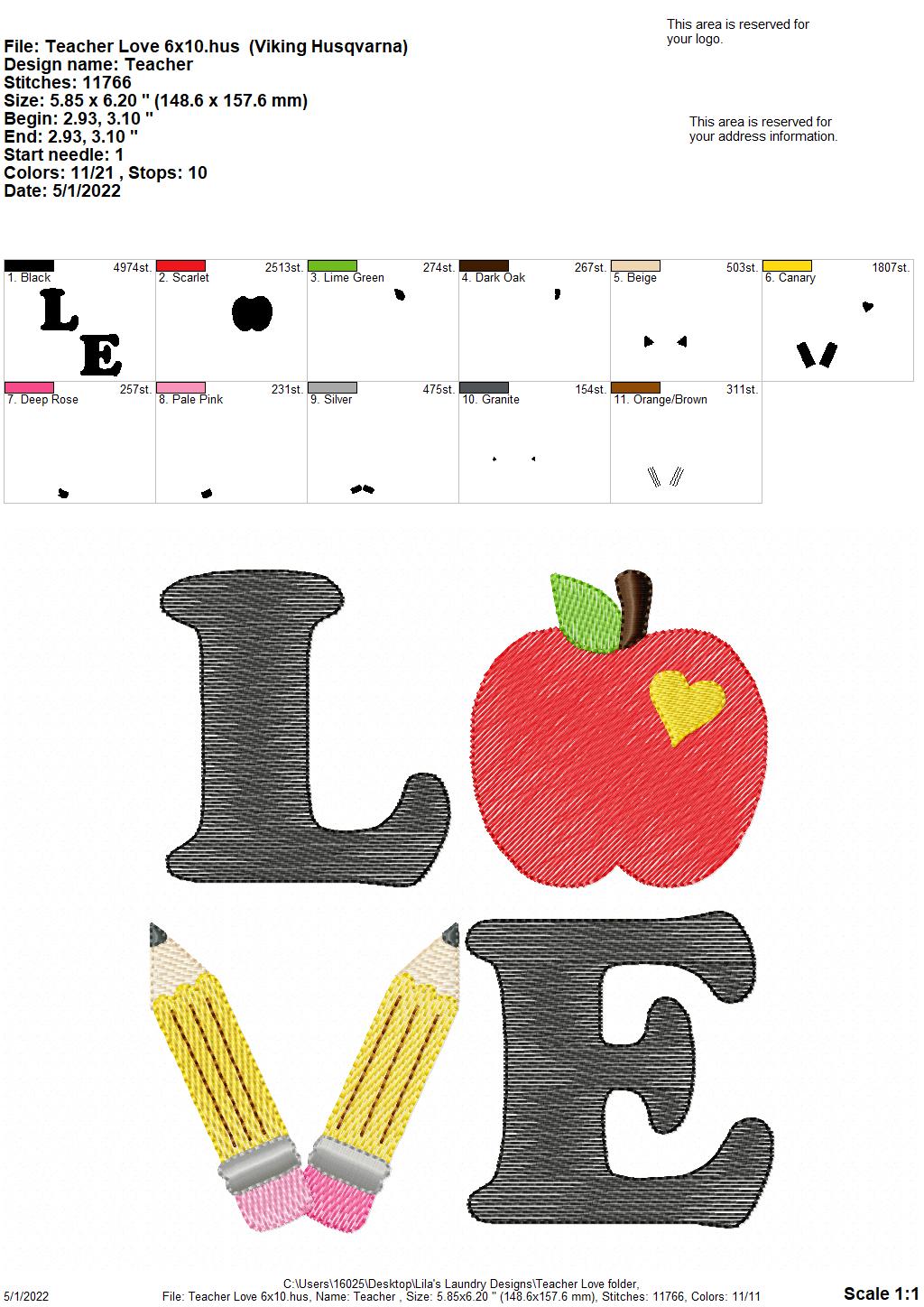 Teacher Love - 3 sizes- Digital Embroidery Design