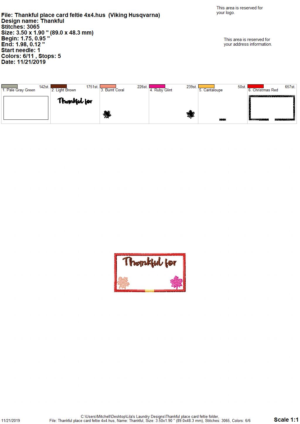 Thankful Place Card Feltie - Digital Embroidery Design