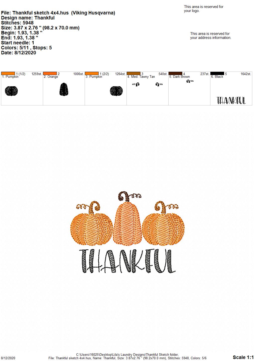 Thankful Sketch - 3 Sizes - Digital Embroidery Design