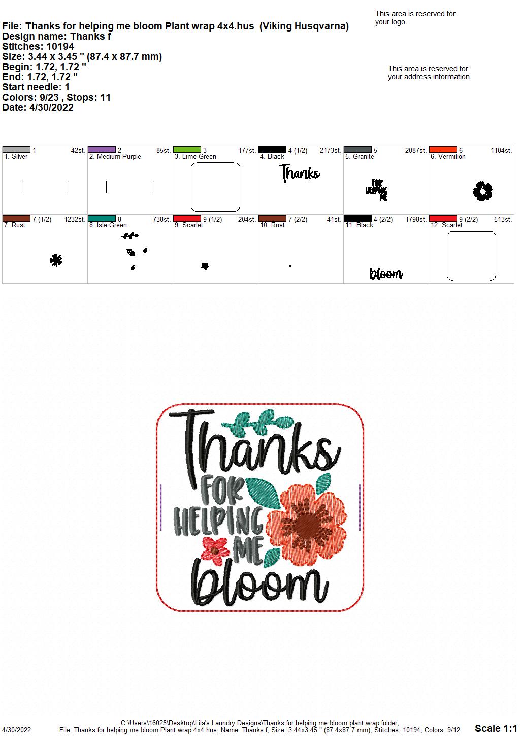 Thanks for Helping me Bloom Plant Wrap - Embroidery Design, Digital File