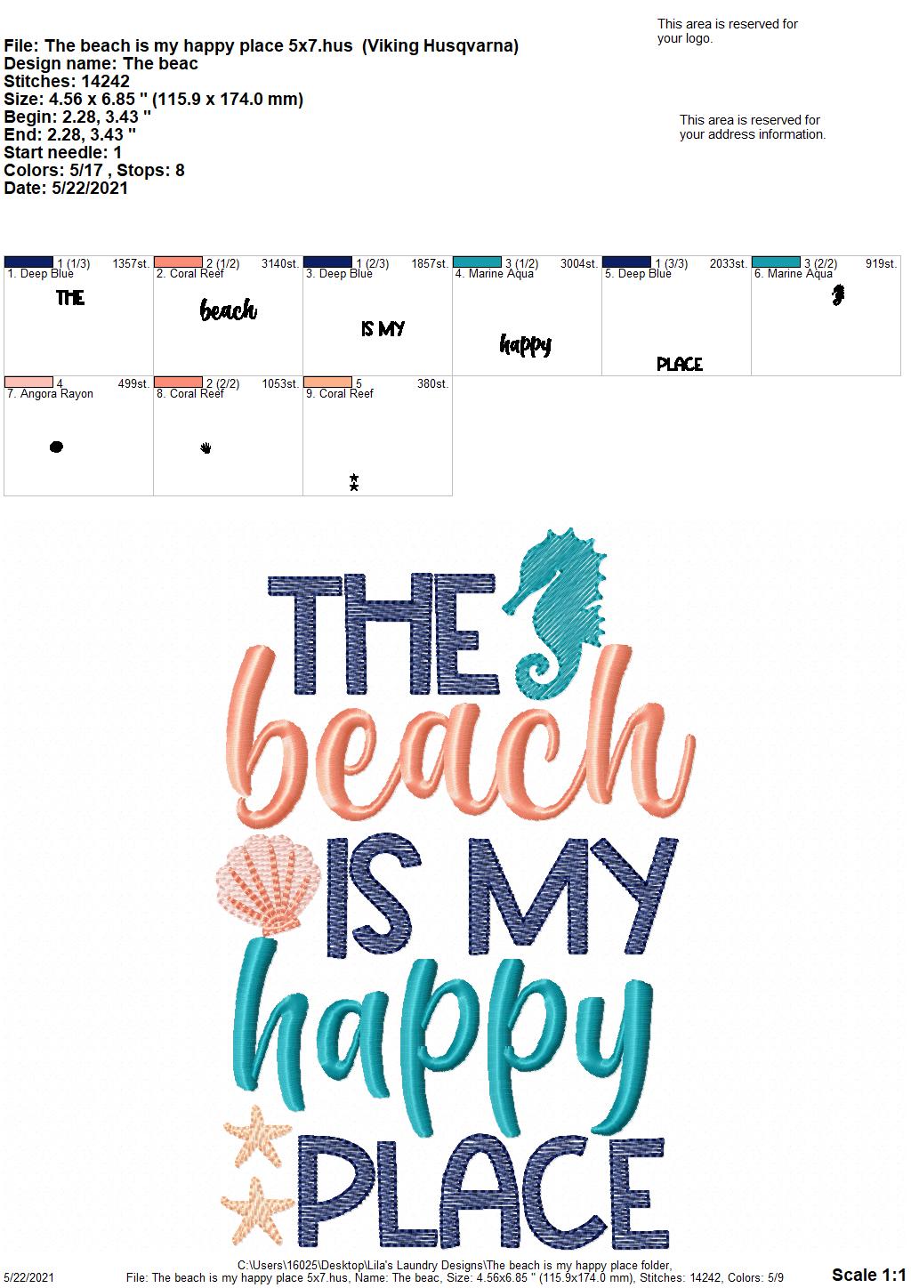 The Beach is My Happy Place - 2 sizes- Digital Embroidery Design