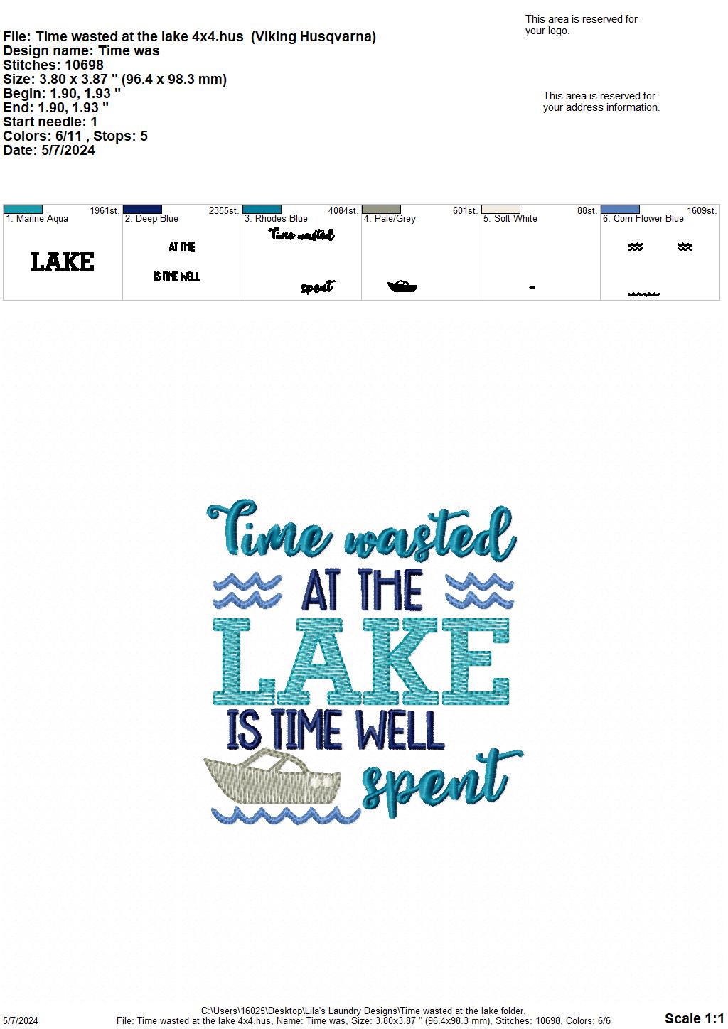 Time Wasted At the Lake - 4 Sizes - Digital Embroidery Design