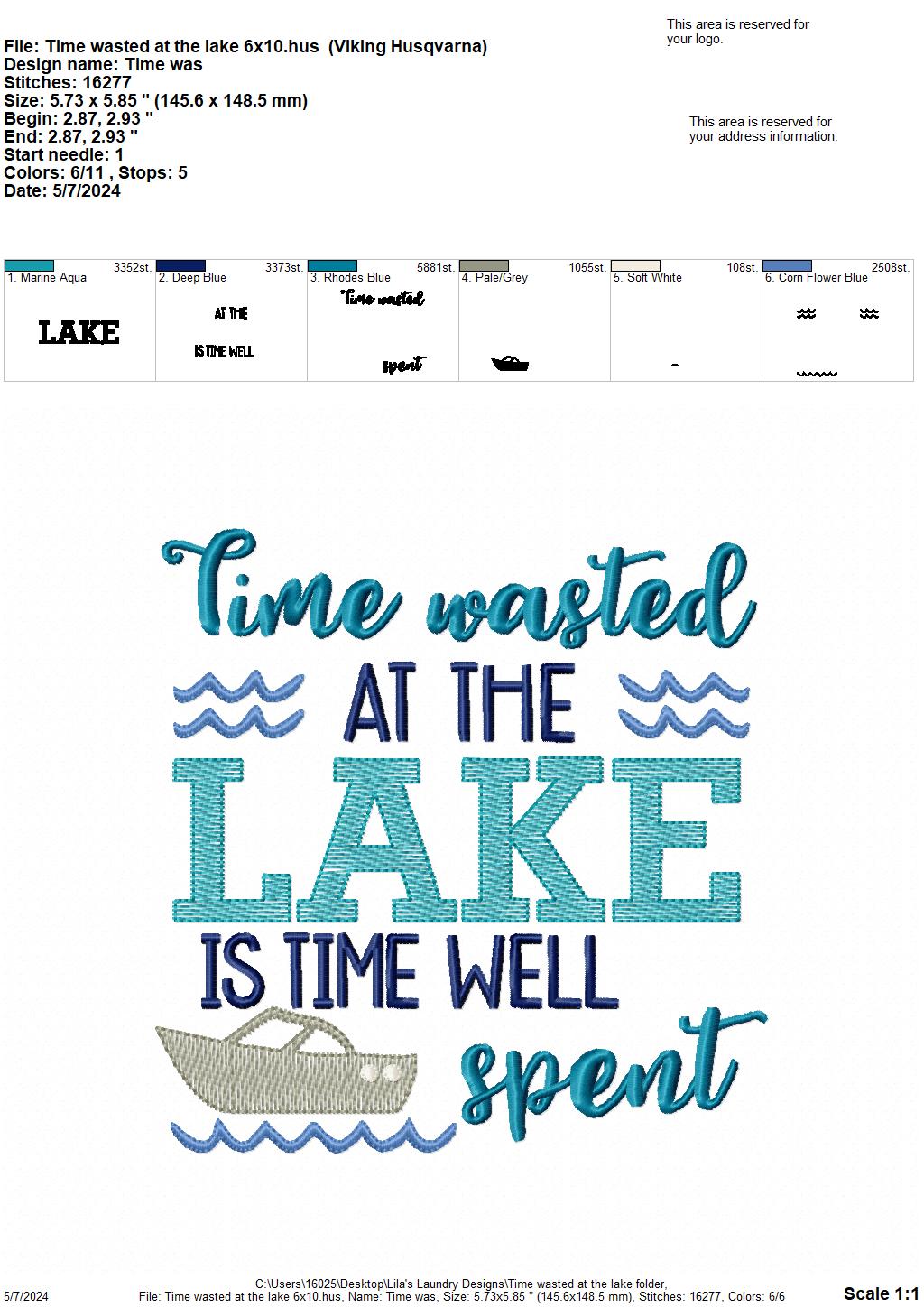 Time Wasted At the Lake - 4 Sizes - Digital Embroidery Design