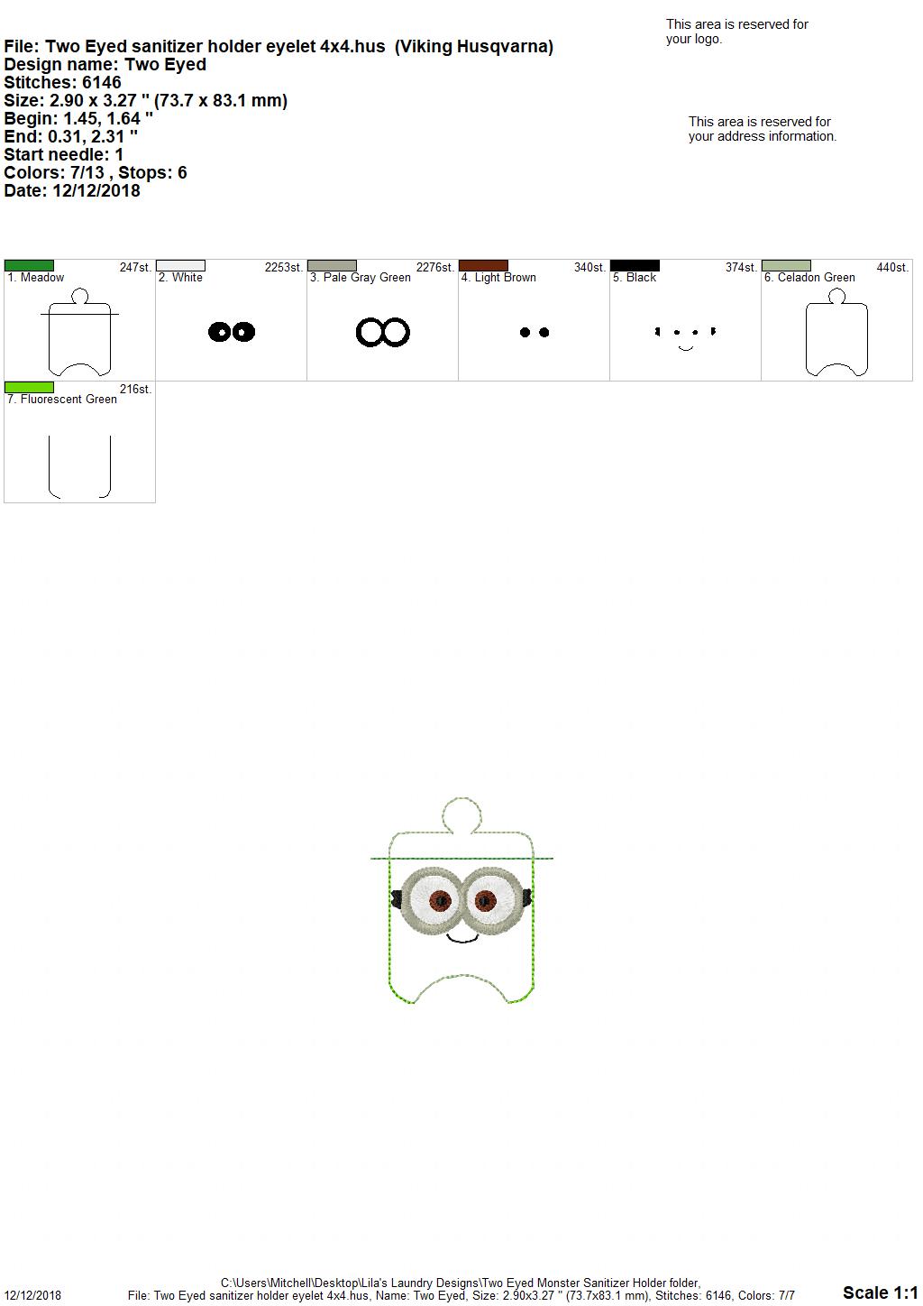 Two Eyed Monster Sanitizer Holder - Embroidery Design - DIGITAL Embroidery DESIGN