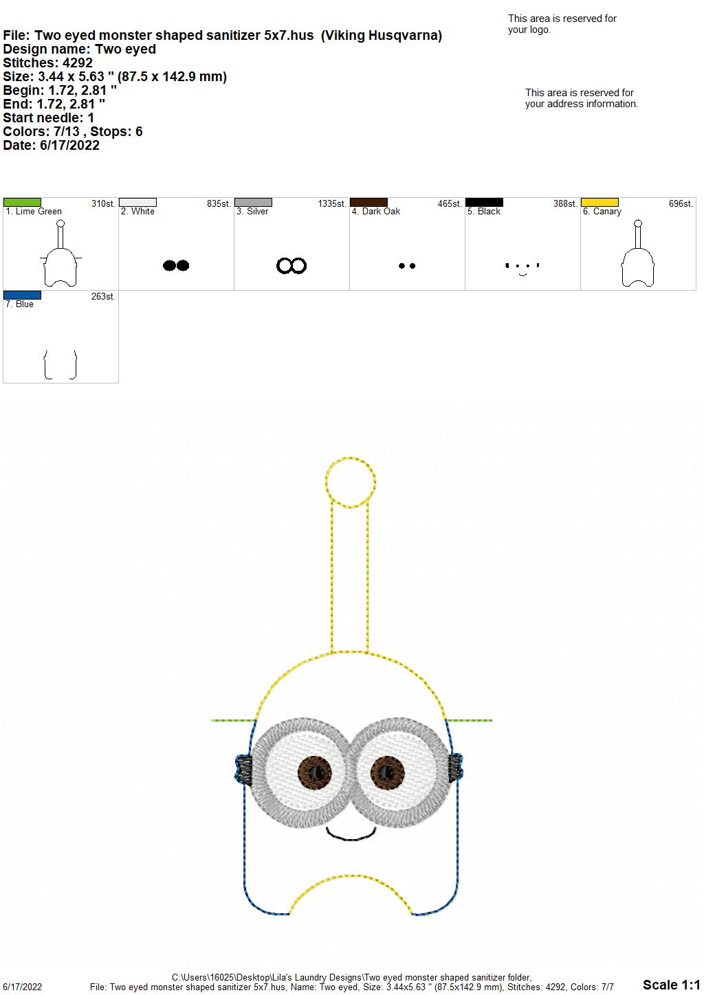 Two Eyed Monster Shaped Sanitizer Holder 5x7- DIGITAL Embroidery DESIGN