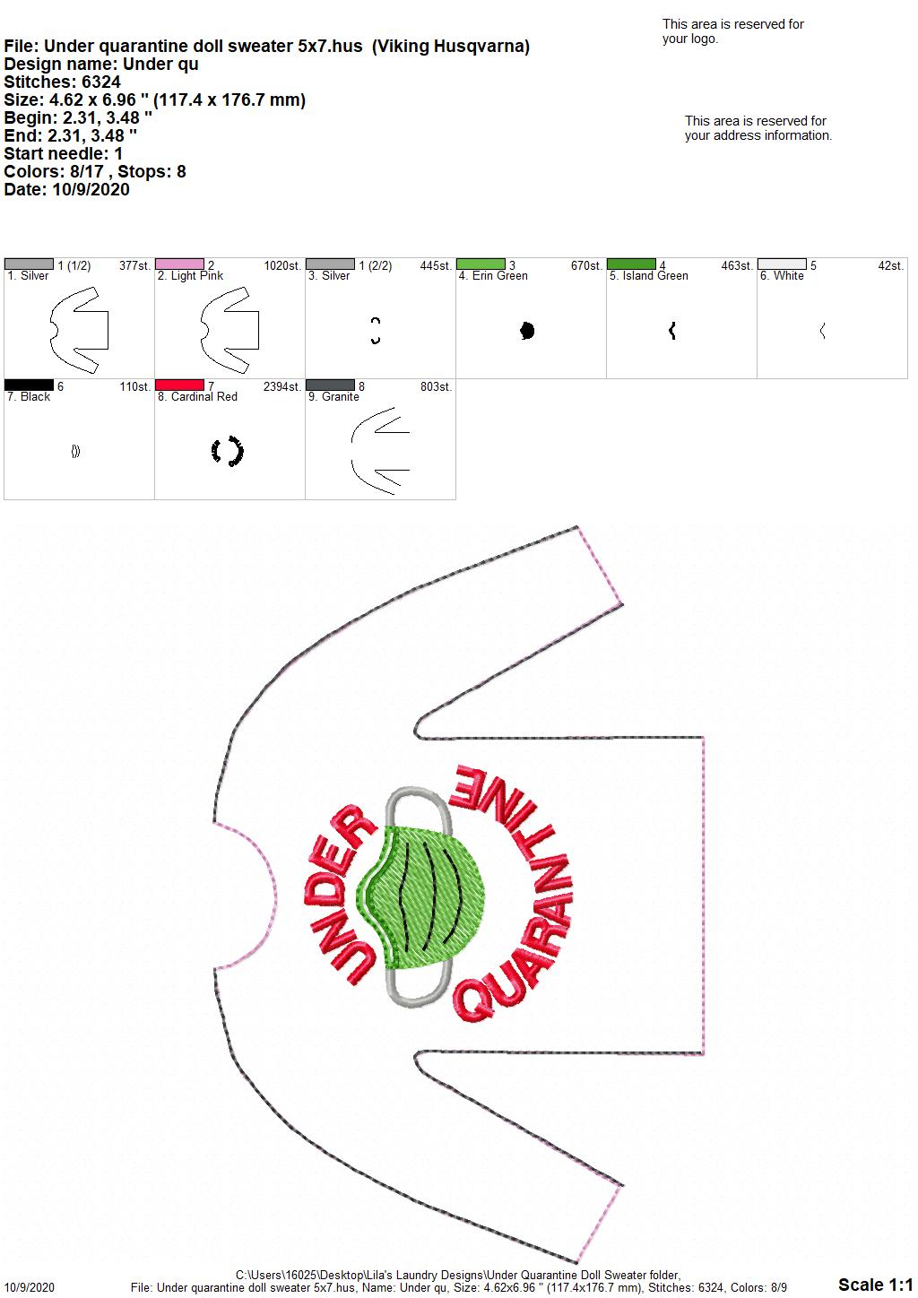 Under Quarantine Doll Sweater 5x7 - Digital Embroidery Design