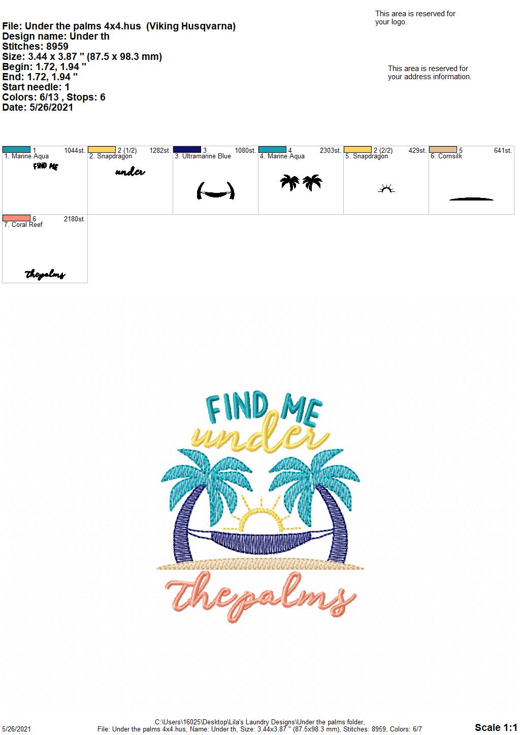 Under The Palms - 4 sizes- Digital Embroidery Design